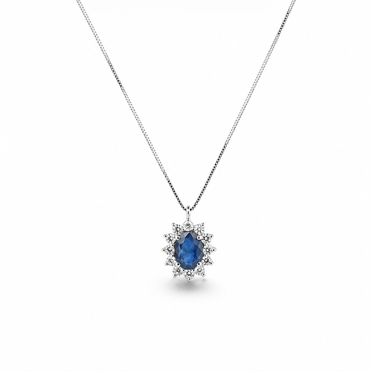 Colier din aur alb de 18K cu safir și diamante