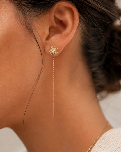 Sunny 14K gold threader earrings by Serafino, detail view