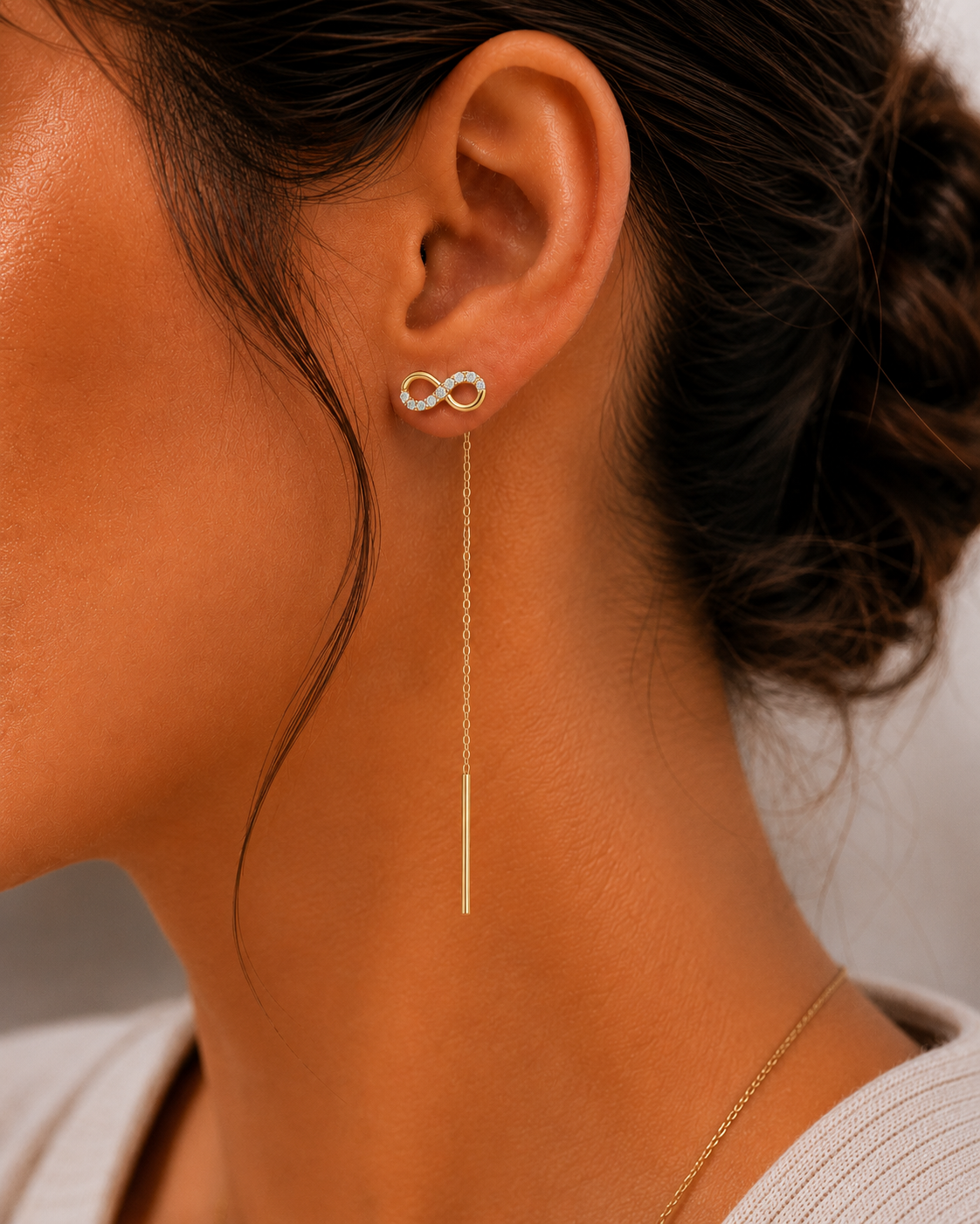 Infinity Love 14K gold threader earrings by Serafino, alternate design detail view