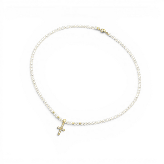 Colier cu perle de cultură și cruciuliță din aur de 14K