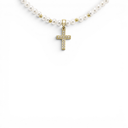 Colier cu perle de cultură și cruciuliță din aur de 14K