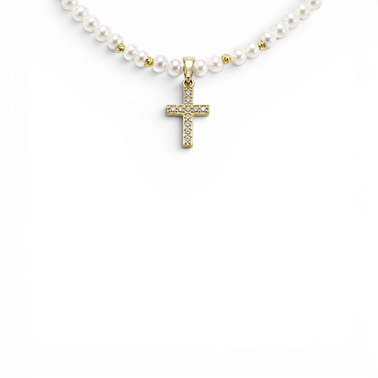 Colier cu perle de cultură și cruciuliță din aur de 14K