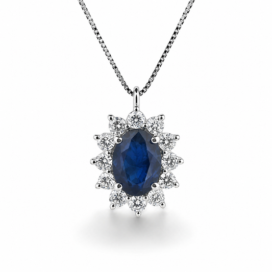 Colier din aur alb de 18K cu safir și diamante