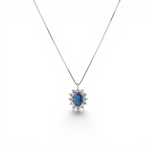 Colier din aur alb de 18K cu safir și diamante